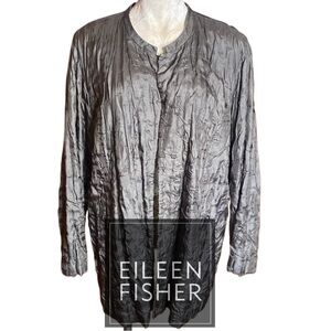 EILEEN FISHER Woman SILK CRINKLE OPEN JACKET Cardigan silver gray POCKETS XL/XXL